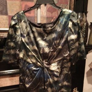 NWOT TAHARI Elegant Black Tan Teal Knotted Front Patterned Dress Size 10